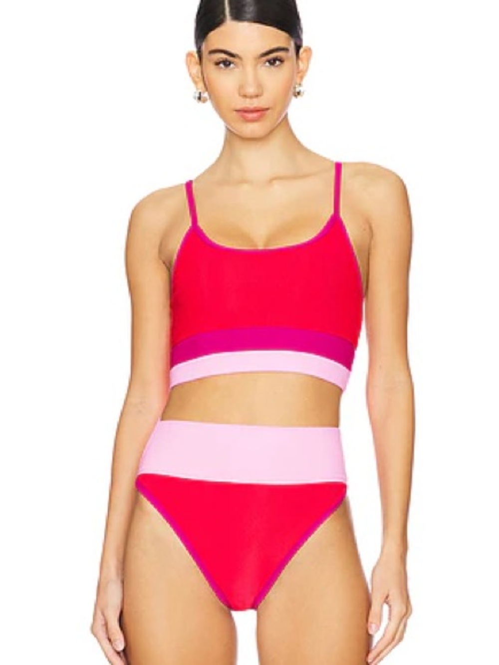 Beach Riot Colorblock High-Waist Bikini in Red and Light Pink